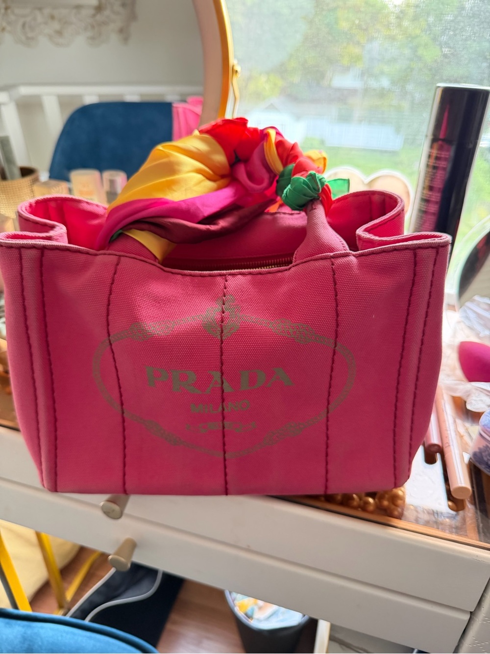 Prada Pink Canvas Tote with Colorful Scarf